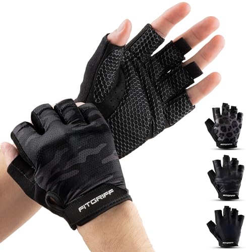 Fitgriff® Workout Gloves (Padded) for Men & Women - Fingerless Gym Gloves for Weight Lifting, Training - Full Palm Protection - color: Camo-Black, size: 10