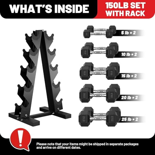 Hex Dumbbell Sets with Rack, 85-560lb Dumbbell Weight Set & Storage Rack | PAPABABE Dumbbell Set with Stand, Rubber Dumbbell Weight Set, Multiple Options Hand Weight for Strength Training - size: 150lb (5, 10, 15, 20, 25lb)x2& Rack