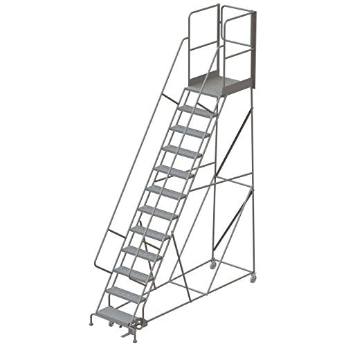 Tri-Arc RWSR112246-XR 12-Step Gateway Rear-Exit Steel Rolling Ladder with 30" Deep Top Platform, Perforated Tread with Handrails, 24" Wide Steps, Gray - size: 12-Step, style: Perforated Tread