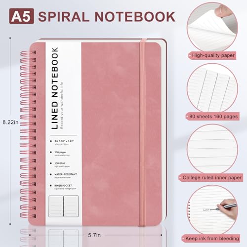 Lined Spiral Journal Notebook with 160 Pages, 8×5.7in, A5 Spiral Notebook, Journaling Notebooks for Work, School, Women, Men, College Ruled Spiral Notebook, Hardcover Leather Journals, Light Red - color: Light Red, size: A5