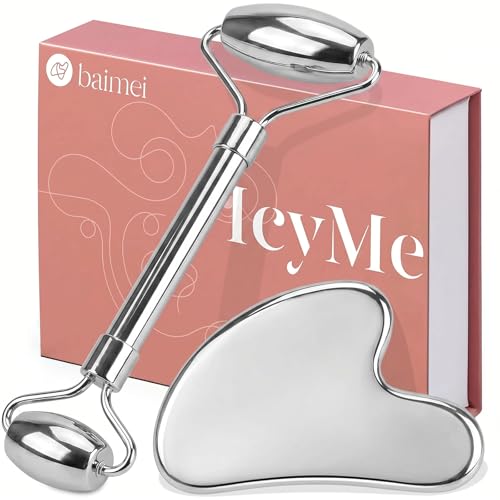 BAIMEI Stainless Steel Gua Sha & Face Roller Set, Facial Massage Tool for Face, Neck and Body, Cooling Metal Skin Care Tools for Depuffing Routine, Self Care Gift for Women - color: Grey