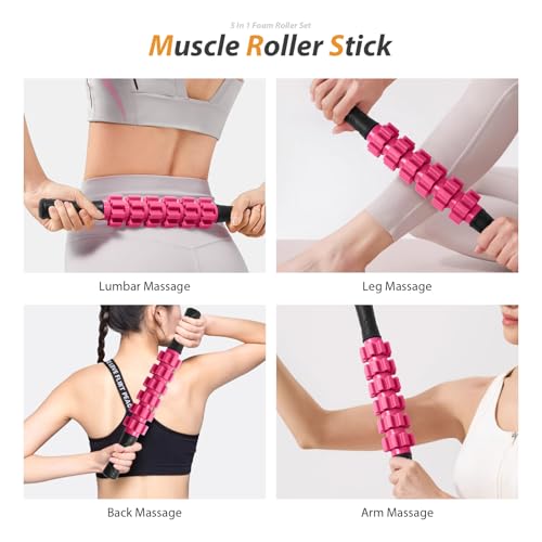 5 in 1 Foam Roller Set for Deep Tissue Muscle Massage, High Density Fitness Exercise Foam Roller, Massage Roller, Massage Ball, Resistance Band, for Whole Body (Pink-Black) - color: Pink-black