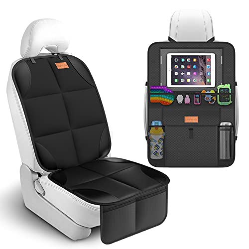 SMART ELF Non-Slip Backing Backseat Car Organizer Kick Mat with Storage Pockets, Large Waterproof Baby Car Seat Protector for Leather and Fabric (Black)