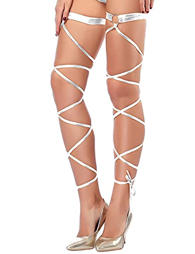 Sexy Women Leg Wraps Gothic Shiny Metallic with O-Ring Non-Slip Garter Festival Raves Dancing Party - color: Silver