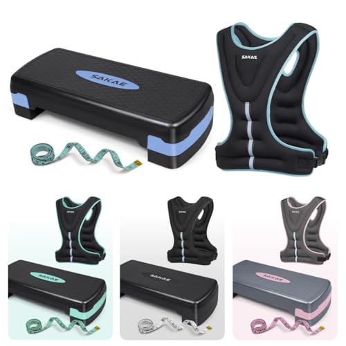 SAKAE Aerobics Step Platform Set with Weighted Vest & Measuring Tape, Adjustable Height 2 Level Risers Workout Step Trainer with Non-Slip Surface, Step Platform for Home Exercise, Multiple Colors - color: Blue
