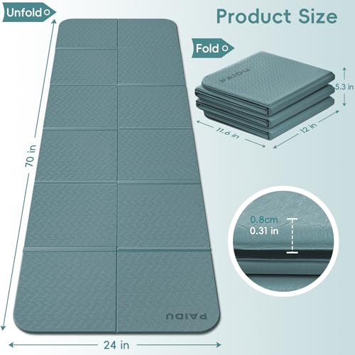 PAIDU Foldable Yoga Mat, 70"x24"x0.31" TPE Non-Slip Mat with Bag | Double‑sided non‑slip, 8mm thick TPE, foldable for travel, ideal for yoga/pilates/fitness/home/outdoor workouts - color: Dark green + Grey