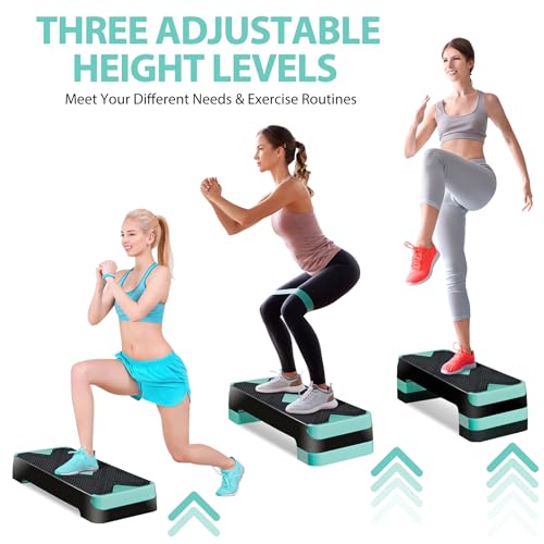 27'' Aerobics Stepper Workout Step Platform with 4 Risers 4"-6"-8" Height Adjustable, Non-Slip Fitness Exercise Workout Trainer for Cardio, Core, Strength Training,Home Gym - color: Green