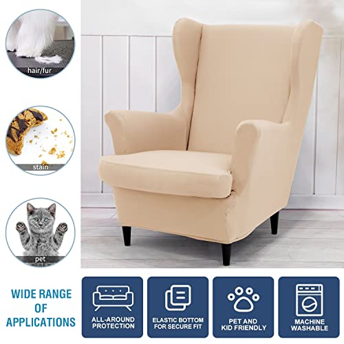 NILUOH Wingback Chair Cover 2-Piece Soft Stretch Wing Chair Slipcover Solid Color Armchair Sofa Couch Cover Furniture Protector with Elastic Bottom for Living Room Bedroom (Beige) - color: Beige