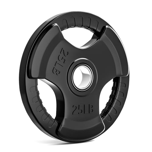 LIONSCOOL 2-Inch Rubber Olympic Grip Weight Plates for Strength Training, Weightlifting, Solid Cast Iron Plate for Barbell in Single/Pair/Set for Home & Gym (2.5-45LB), One Year Warranty - style: 25LB SINGLE