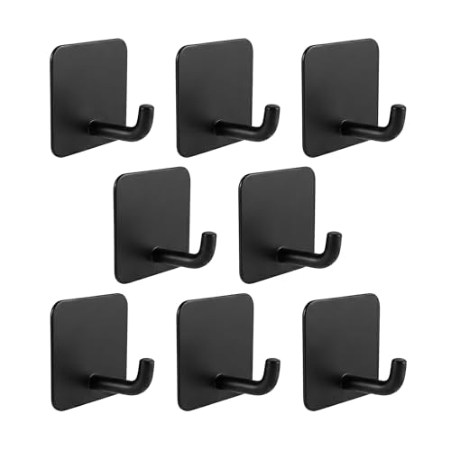 Stainless Steel Adhesive Wall Hooks for Hanging, Heavy Duty Waterproof Stick On for Bathroom Kitchen Shower, Self Adhesive for Towels, Keys, Hats, Robes - 8 Pack (Black) - color: 02-black