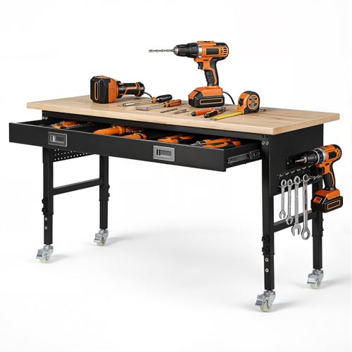 VEVOR 60-inch Adjustable Workbench, 1500 lbs Load Capacity, Garage Workbench with Drawer, Power Outlet, Wheels, and Pegboard, Heavy Duty Oak Wood Top Work Table for Garage, Workshop, Office, and Home - size: Drawer│Universal Wheels│60"x24"x41.7"