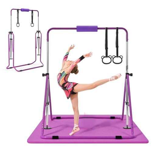 VEVOR Gymnastic Bars for Kids, 140 lbs Capacity Folding Training Kip Bar with Mat, 5 Adjustable Height Gymnastic Horizontal Bar Home, Training Equipment for Indoor Outdoor, Easy Assemble - color: Purple Mat