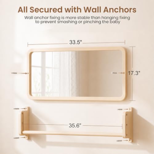Woodtoe 4-in-1 Montessori Mirror with Bar, Adjustable Tummy Time Floor Mirror, Baby Pull to Stand Toy, Natural Unpainted Solid Wood Frame, Baby Pull Up Bar, Developmental Toys for Nursery (Large Size)