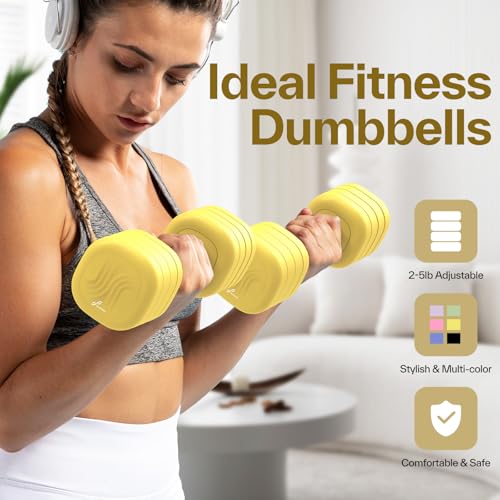 Adjustable Dumbbell Set of 2: Sportneer 4 in 1 Free Weights Dumbbells Set for Women, Hand Weights for Women at Home, Available in 5 lb × 2 and 10 lb × 2 Sets with Soft Rubber Handle for Home Gym Exercise Training - color: Butter Yellow, size: 5lb × 2