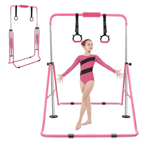 YEEGO DIRECT Gymnastics Bar for Girls Boys (A-G-E-S 3-10) with Rings, Folding Gymnastics Bars Horizontal Bar, Expandable for Home Training Gifts for Girls Boys - color: Pink
