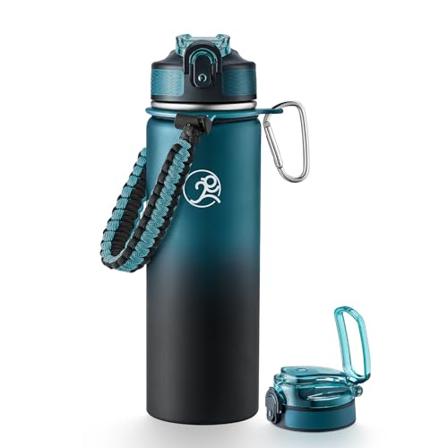 GOSWAG 24oz Insulated Stainless Steel Travel Water Bottle, 2 Lids | with straw and no straw, Paracord handle, Double-wall vacuum keeps drinks cold or hot, Leakproof tumbler - color: Navy Blue-Black Ombré