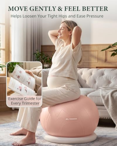 Trideer Pregnancy Birthing Ball, 1.7mm Extra Thick Yoga Ball for Maternity, Labor, Physio, Recovery, Exercise Guide & Daily Comfort Tips for All Trimesters, Anti-Burst Non-Slip Stability Ball - color: Mistyrose(with Base), size: L(23-26IN/58-65cm)