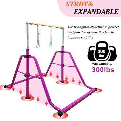 Foldable & Moveable Gymnastics Horizontal Bar with Rings,3’to 5’Adjustable Height Expandable Junior Kip Bar for Home,Indoor Gym Equipment for Kids - style: Foldable Purple with Rings