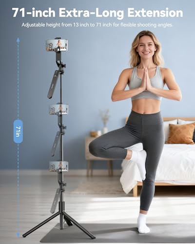 TECKNET 71" Selfie Stick Tripod for Phone with Light, Portable Extendable Cell Phone Tripod Stand with Wireless Remote and Phone Holder, with Wireless Remote Control for iPhone/Android/Camera - color: Light Black