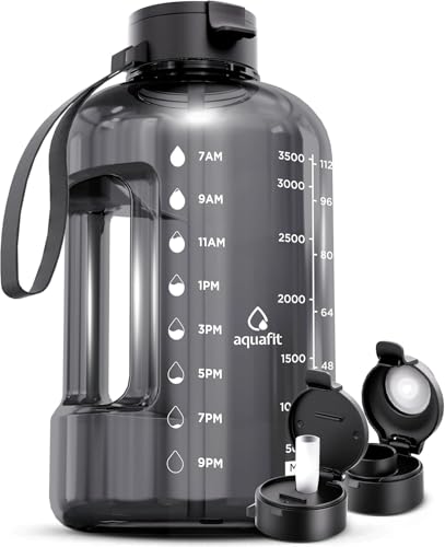 AQUAFIT 1 Gallon Water Bottle with Time Marker | BPA Free 128 oz Water Bottle with Straw and Chug Lids - Leakproof Gym Water Bottle with Carry Handle (Gray) - color: Gray, style: 128 oz - 2 Lids