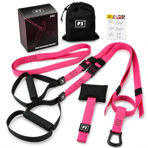 Home Resistance Training Kit with Handles & Door Anchor, Suspension Trainer System for Full Body Workout, Adjustable Bodyweight Resistance Bands for Home Gym, Strength Training & Core Fitness - color: Pink