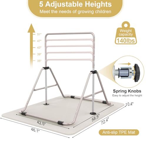 SHIWEI Gymnastics Bar for Kids, Gymnastic Kip Bar 5-Height Adjustable Home | Foldable, Indoor Outdoor Use, 140lb Capacity, for Ages 3-8, with Gymnastics Rings, Anti-Slip & Space-Saving Design - color: Beige with mat