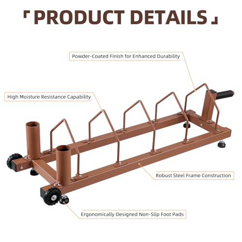 42''L x 13.6''W x 5.1''H Horizontal Weight Plates Rack Olympic Bar Storage Rack Organizer with Handle and Rolling Wheels Brown