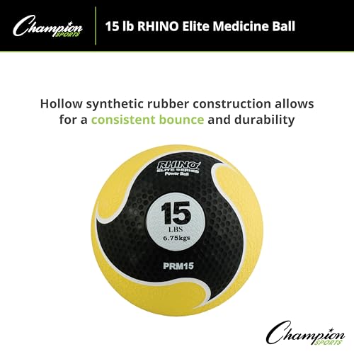 Champion Sports Rhino Elite Medicine Ball – Textured Surface, Superior Grip, Hollow Synthetic Rubber for Consistent Bounce & Durability, Multiple Weights & Colors - Optional Rebounder Sold Separately - style: 15 Pounds - Yellow
