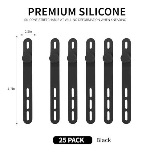 Oligei 25 Pcs Silicone Cable Ties, Cable Ties Reusable, High Elasticity Cord Wraps for Electrical Cords, Cord Organizer for Earphone, Phone Charger(Black) - color: 25p∣black