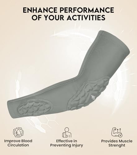 Compression Padded Arm Sleeves for Youth & Adults - Elbow & Forearm Support - Breathable Football Padded Sleeves - color: Grey, size: Adult Small