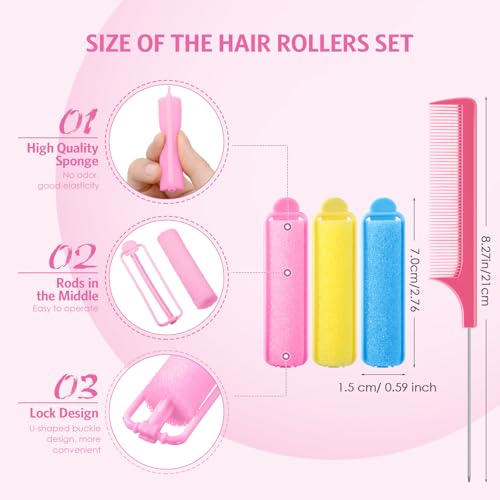 Syhood 43 Pcs Foam Sponge Hair Rollers Women 0.59 Inch Soft Sleeping Curlers Flexible Sponge Curler Tool and Rat Tail Comb for Hair Styling Hairdressing Overnight Curl and Volume(Pink Blue Yellow) - color: Pink Blue Yellow