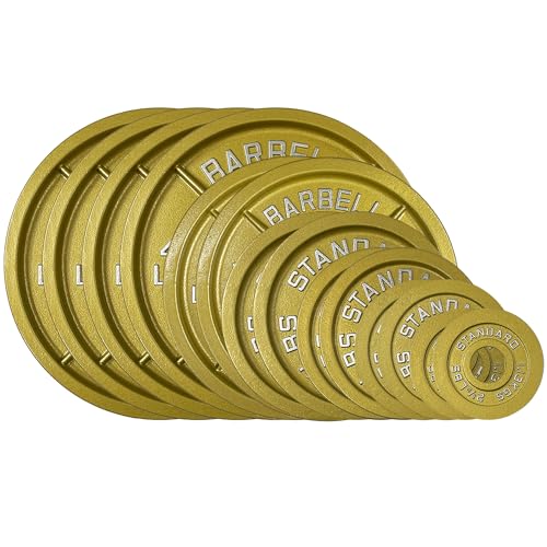Gold Finish Olympic Steel Plates - Pairs and Sets 2 Inch Barbell Standard in Premium Gold for Weight Lifting - color: 335lb Set