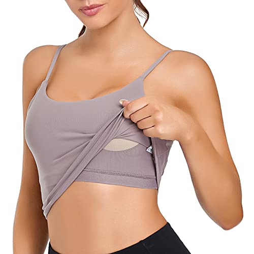 Lemedy Women Padded Sports Bra Yoga Tank Top | Light Support, Longline, Fitness Workout Running Shirts, Removable Pads, Spaghetti Straps, for Women - color: Lavender Grey, size: Small