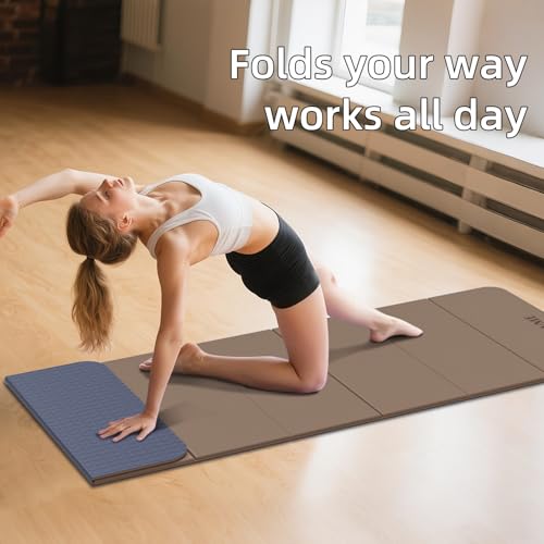 LVME Foldable Yoga Mat, 71"x24"x1/3" Thick, Non Slip Exercise Mat | SGS Certified POE, Fitness Travel Mat, Easy To Store, Foldable for Exercise, Yoga, Pilates, Home Workouts - color: Champagne + Grape