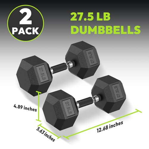 HANDBODE Rubber Encased Hex Dumbbell Pair, 2.5-65 lb | Non-Slip Handle Design for Secure & Comfortable Grip, Hand Weights for Strength Training, Fitness & Home Gym - size: 27.5 lb, Pair, style: Comfort Grip