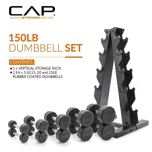 CAP Barbell 150 LB Coated Hex Dumbbell Weight Set with Vertical Rack | Multiple Options - color: Orange Rack, style: 12-Sided Chrome Handle