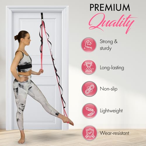 10-Loop Yoga Strap with Door Anchor – Stretch Strap for Flexibility, Deep Stretching, and Improved Balance – Perfect Yoga Accessory for All Fitness Levels - color: Pink