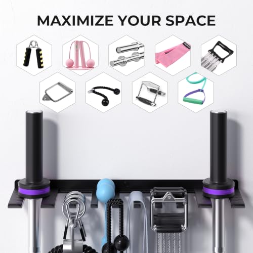 Home Gym Rack Wall Mount Barbell Holder, Multifunctional Two-in-One for Storage Barbells,Resistance Bands,Cable Accessories,Weight Lifting Belts,Jump Ropes and Chains