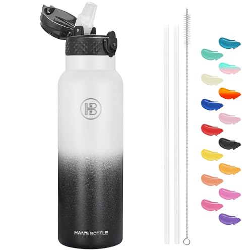 Han's Bottle Sports Water Bottle - 24 Oz, Straw Lid, Leak Proof, Vacuum Insulated Stainless Steel, Double Walled, Thermo Mug,White & Black - color: White & Black, size: 24 Ounces