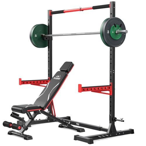 FLYBIRD SR1 Squat Rack with Pull-Up Bar, Adjustable Multi-Functional Power Rack, Inner Width Squat Rack Stand Suitable for 6FT,7FT Barbell for Home Gym Equipment - color: 110LBS with Bench and Rack
