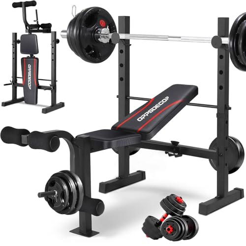 OPPSDECOR Standard Weight Bench Set with Squat Rack, 900LBS Adjustable Bench Press Set with Leg Extension and Leg Curl, Foldable Flat Incline Decline Workout Bench for Home Gym Full Body Training - color: Black