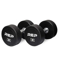 REP Fitness Urethane Coated Round Dumbbells, 5 to 100 lbs, Singles or Pairs, With or Without Rack, Steel Core, Rubber Encased, Chrome Handles, Professional Weights for Home Gym Strength Training - style: 35 lb Pair