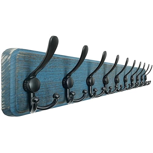 Dseap Coat Rack Wall - Heavy-Duty 38-1/4" Long, with Reinforced 10 Custom Tri-Hooks, Solid Wood Wall Hanger for Coats Hat Jackets - Rustic Farmhouse Entryway Hallway Storage, Weathered Blue & Black - color: Weathered Blue & Black, size: L=38.3"