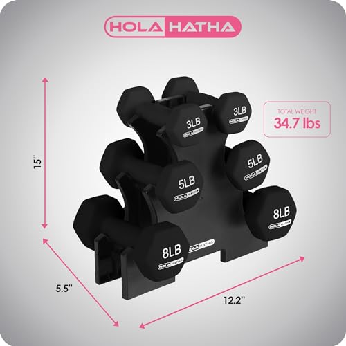 HolaHatha 1, 2 and 3 lb Neoprene Dumbbell Strength Training Weight Set with Rack - color: Black, size: 32 LB