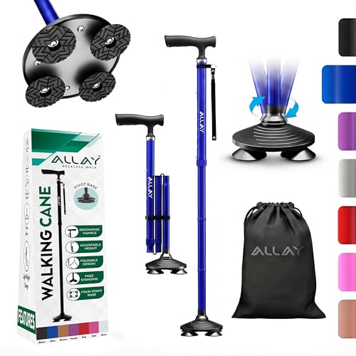 Allay Walking Canes for Men & Women - Adjustable Canes for Women for Stability, Self Standing Wide Quad Pivot Base, Light Weight, Soft Handle Grip and Travel Bag, Walking Sticks for Seniors - color: Blue