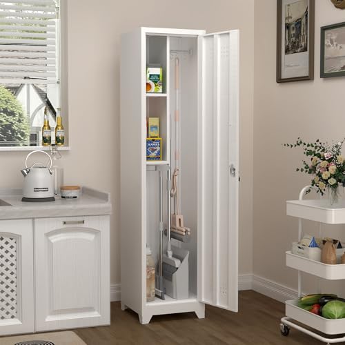 IRONFFICE Tall Broom Closet Storage Cabinet,Narrow Metal Storage Cabinets for Brooms and Mops,Slim Utility Cabinets with Doors,Broom Cabinet for Laundry,Living Room,Office,White - size: indoor-65"H-1door
