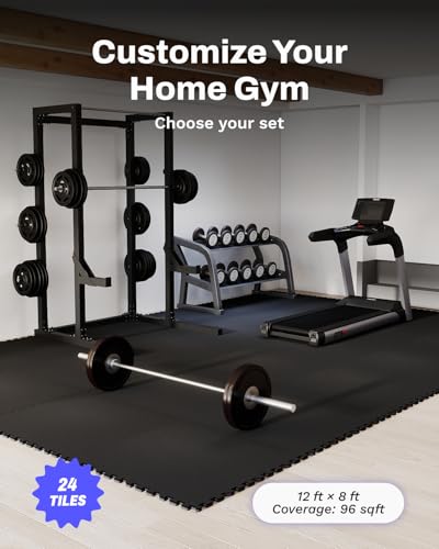 AIRHOP 0.56in Thick 96 Sq Ft Exercise Equipment Mats, 24 Tiles Upgraded Rubber Top with High Density EVA Foam, Large Interlocking Puzzle Gym Flooring for Home Gym, Heavy Weight Workout,Black - color: Black, size: 96 Sq Ft (24 Tiles)