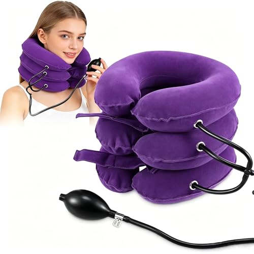 Inflatable Purple Cervical Neck Traction Brace, Adjustable Neck Stretcher for Instant Neck Pain Relief & Spine Decompression, Portable Design for Relax Your Neck Anytime Anywhere at Home Travel Office