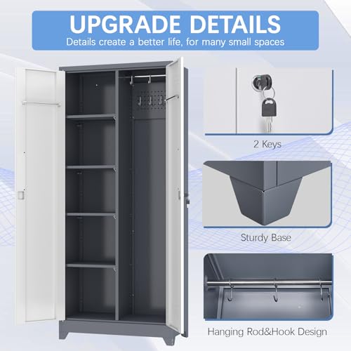 IRONFFICE Metal Storage Cabinets with Doors and Shelves,Tall Broom Closet Storage Cabinet with Pegboard,Utility Tool Cabinets,Steel Locking Cabinets for Home Office,Basement,Laundry,Grey-White - size: 72"H x 31.5"W x 15.74"D-Grey/white
