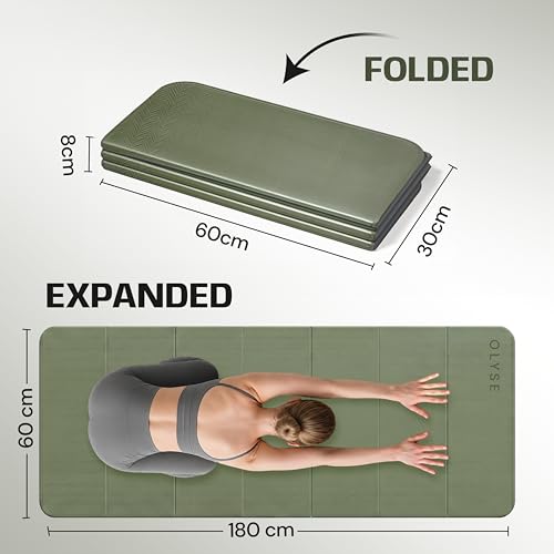 OLYSE Foldable Yoga Mat, Extra Thick 12mm, 7-Fold, Non-Slip, for Yoga, Pilates, Stretching, HIIT & Home Workout, Green